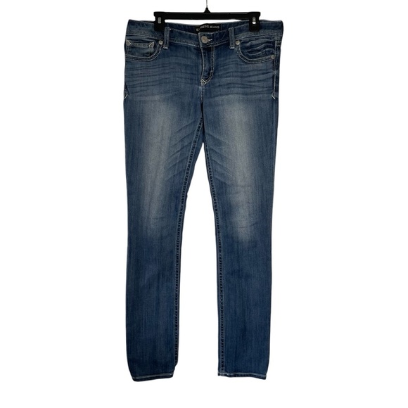 Express Jeans Stella Skinny Low Rise Mid Blue Denim Women Size 10L - Picture 1 of 6
